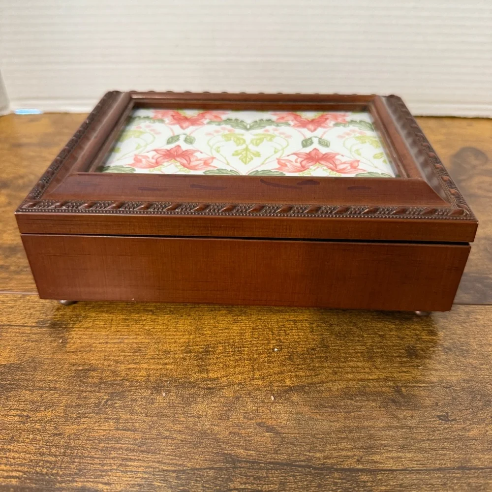 VTG Jewelry Box Photo Frame Brown Faux Wood Velvet Lined Grannycore Cottage Boho